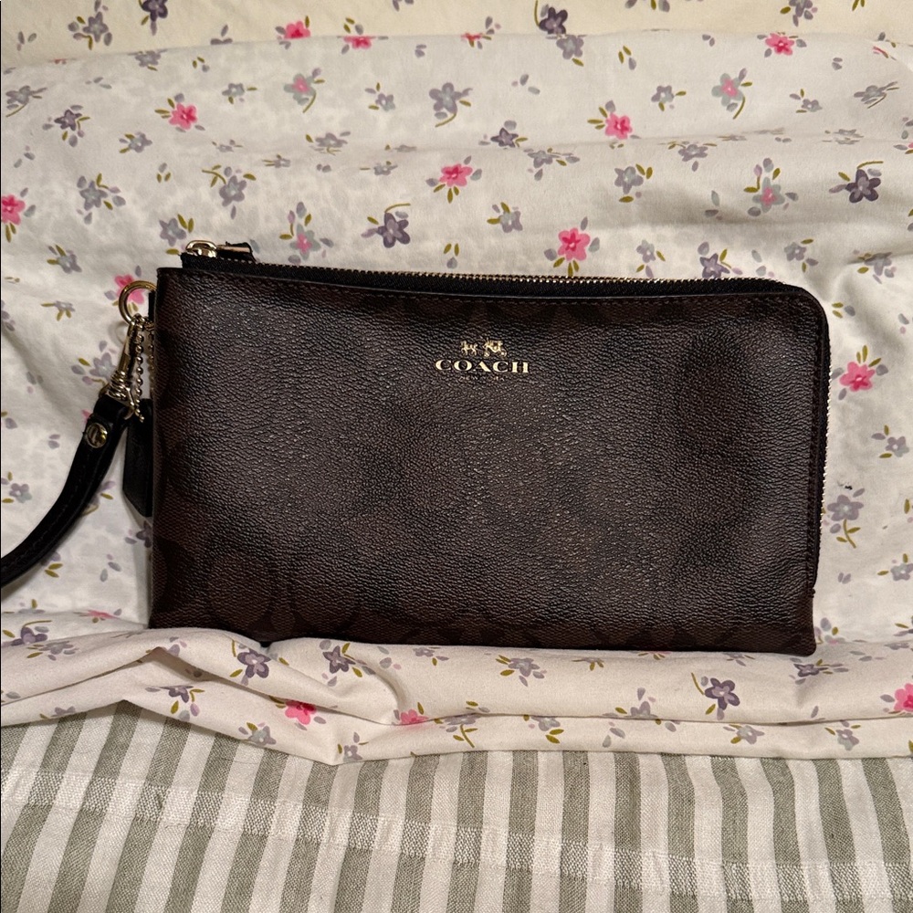 Coach Dark Brown Leather Wristlet with Gold Logo